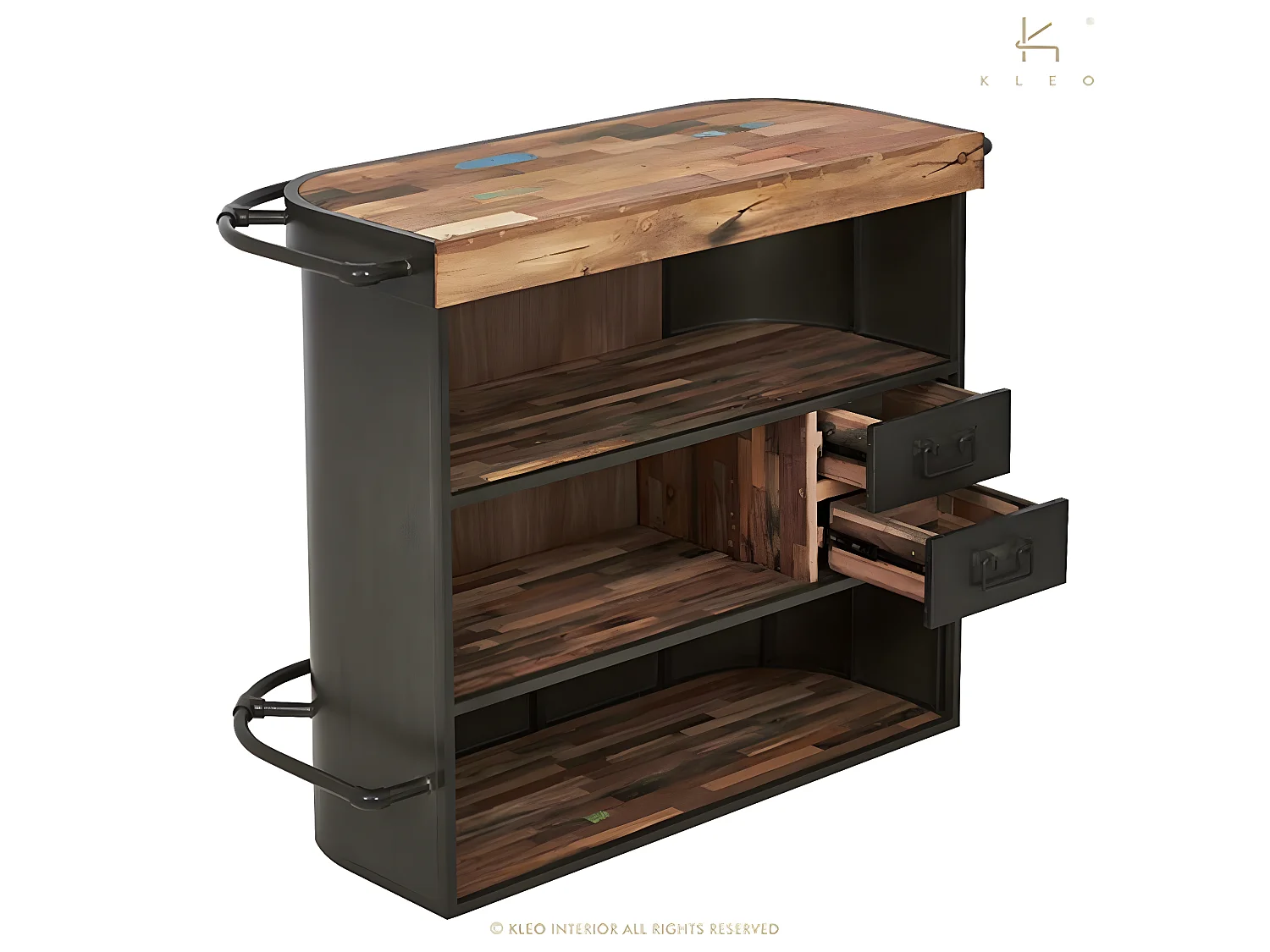 Nautical bar central en bois de bateau recyclé - Métal noir - Style Industriel - L144