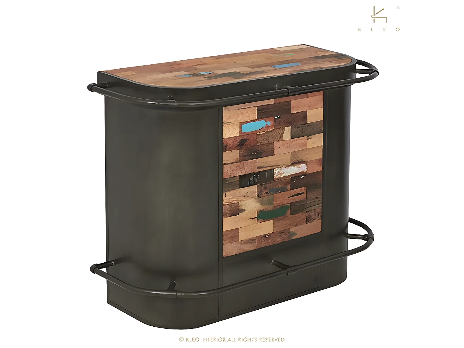 Nautical bar central en bois de bateau recyclé - Métal noir - Style Industriel - L144