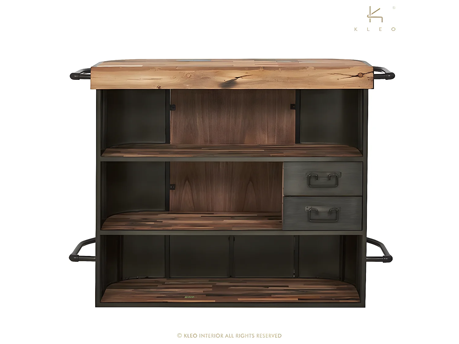 Nautical bar central en bois de bateau recyclé - Métal noir - Style Industriel - L144