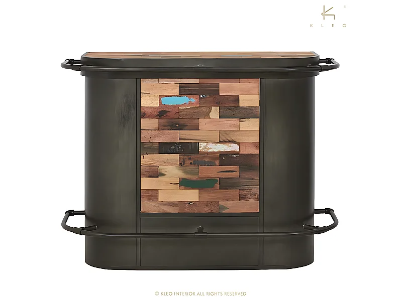 Nautical bar central en bois de bateau recyclé - Métal noir - Style Industriel - L144