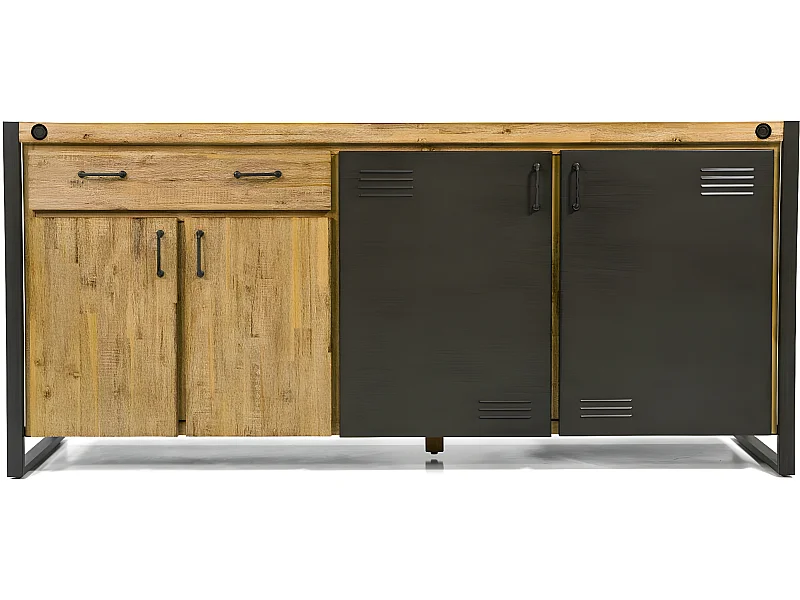 Kiko buffet en bois d'Acacia - 4 Portes - 1 Tiroir - Portes en métal noir - Style Industriel - L200