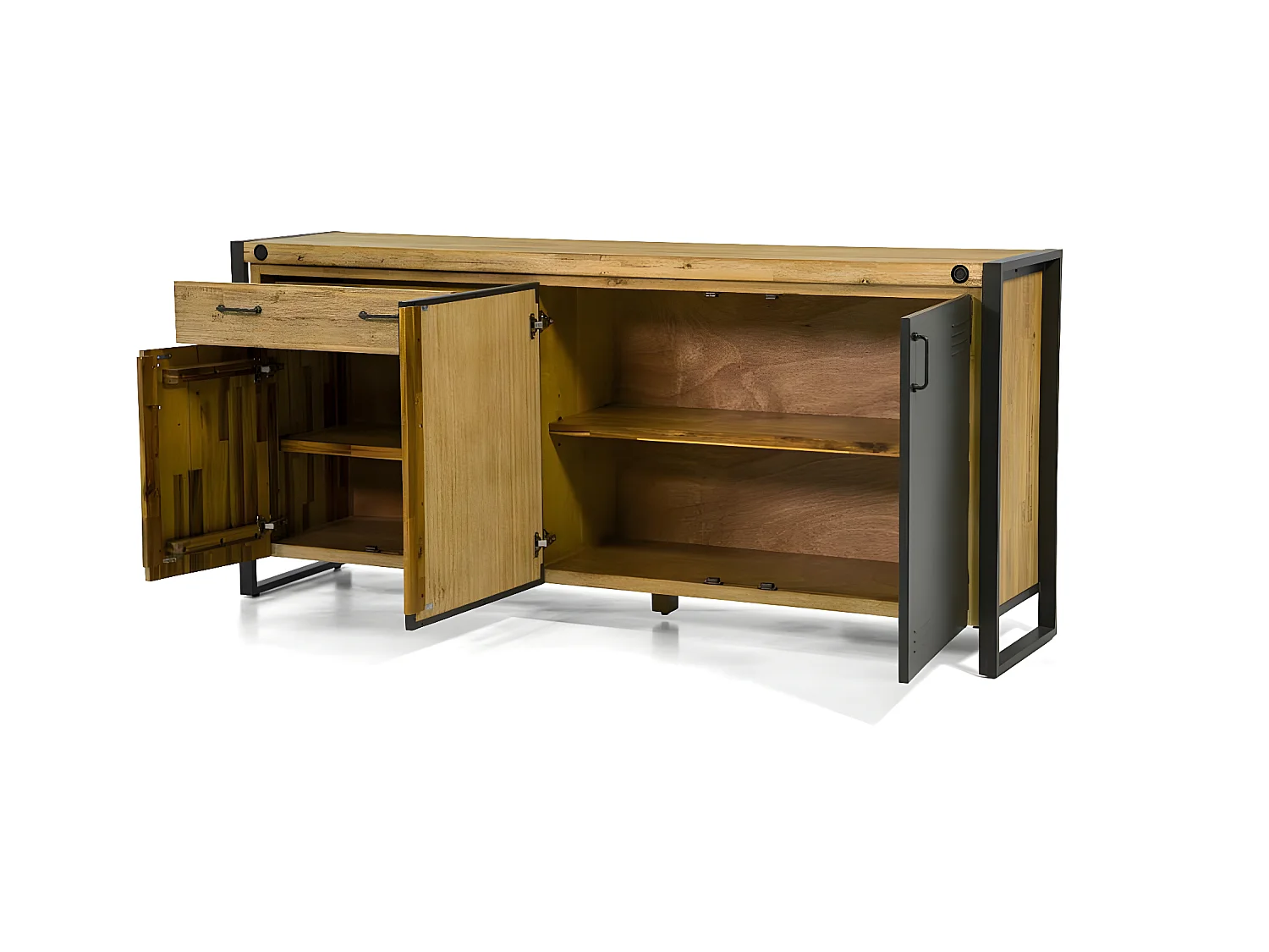 Kiko buffet en bois d'Acacia - 4 Portes - 1 Tiroir - Portes en métal noir - Style Industriel - L200