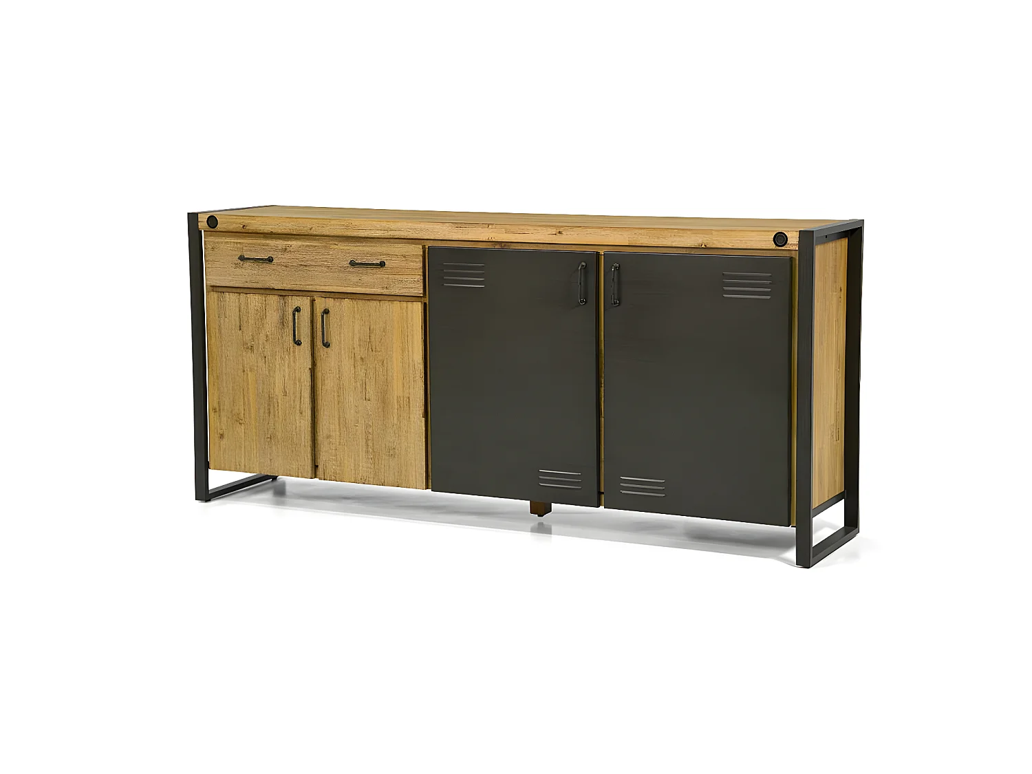 Kiko buffet en bois d'Acacia - 4 Portes - 1 Tiroir - Portes en métal noir - Style Industriel - L200