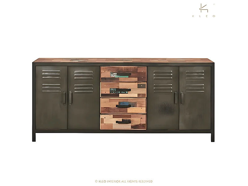 Factory buffet en bois de bateau recyclé - 4 Portes - 4 Tiroirs - Portes en métal noir - Style Industriel - L200