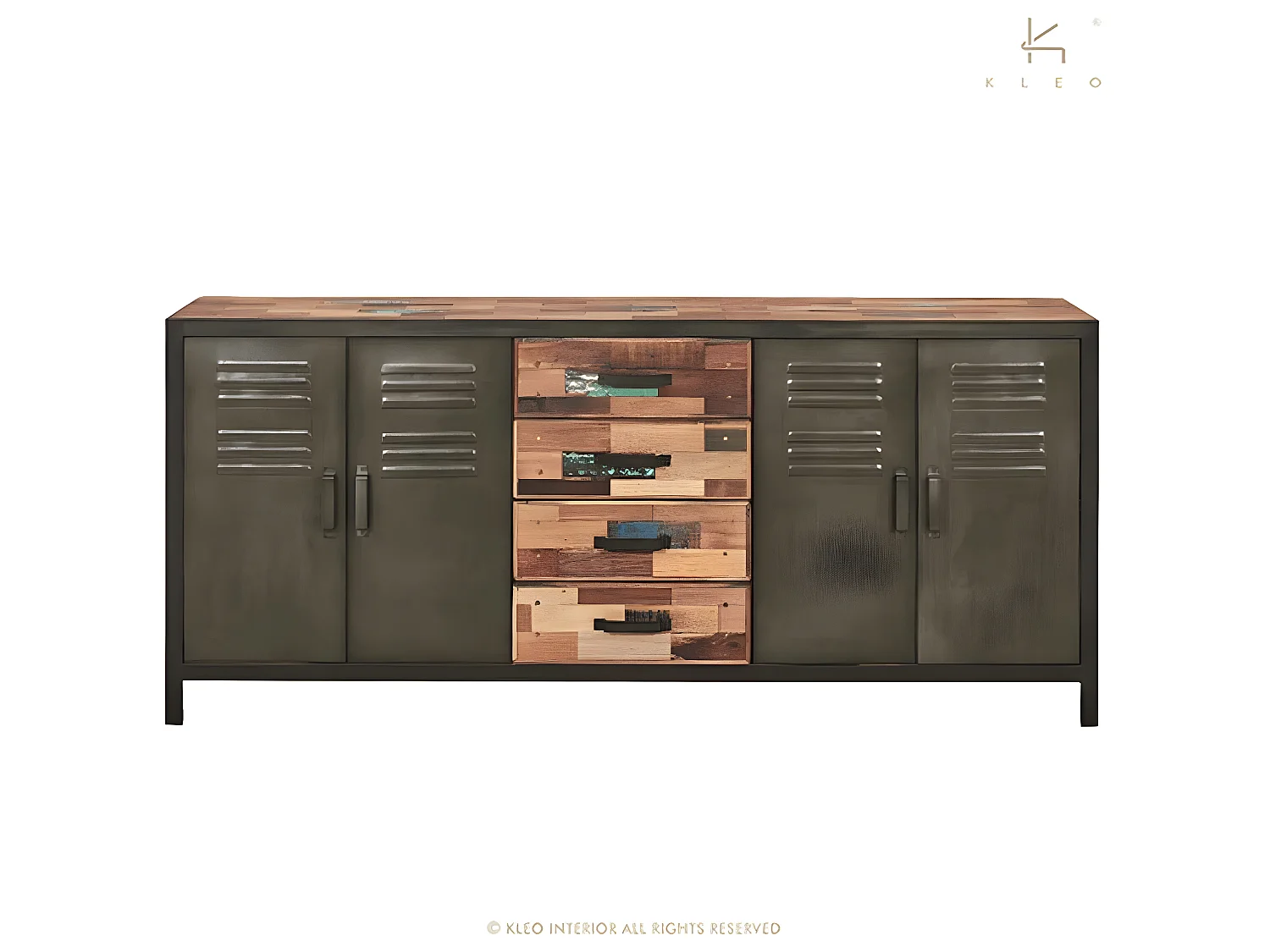 Factory buffet en bois de bateau recyclé - 4 Portes - 4 Tiroirs - Portes en métal noir - Style Industriel - L200