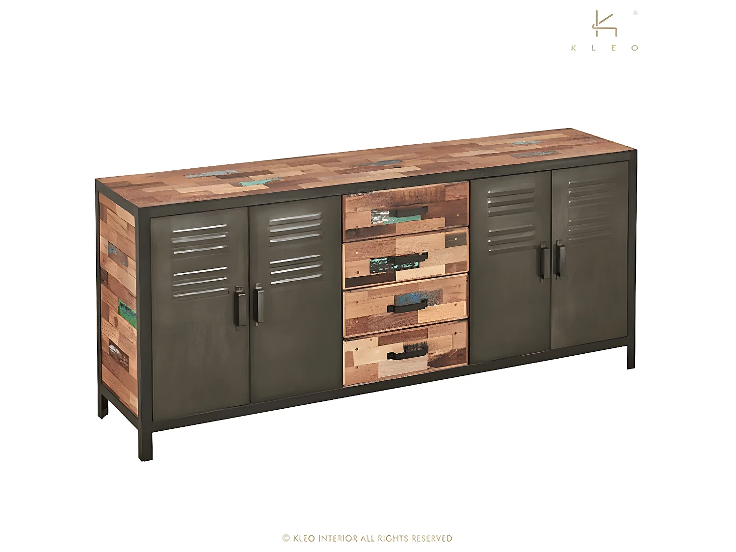 Factory buffet en bois de bateau recyclé - 4 Portes - 4 Tiroirs - Portes en métal noir - Style Industriel - L200