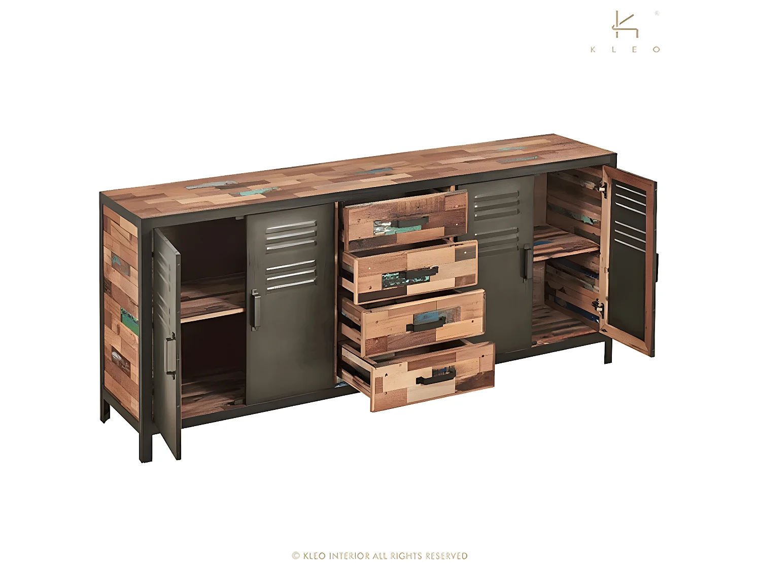 Factory buffet en bois de bateau recyclé - 4 Portes - 4 Tiroirs - Portes en métal noir - Style Industriel - L200