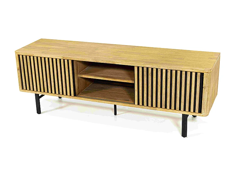 Ibiza meuble tv en bois d'acacia - 2 portes coulissantes - Pieds en métal noir - Style industriel - L160