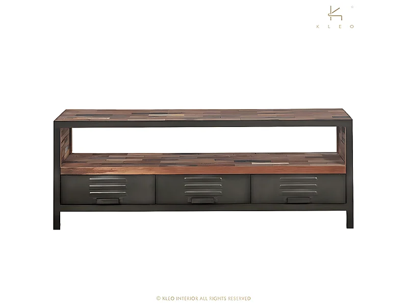 Factory meuble TV en bois de bateau recyclé - 1 Niche de rangement - 3 Tiroirs - Portes en métal noir - Style Industriel - L160