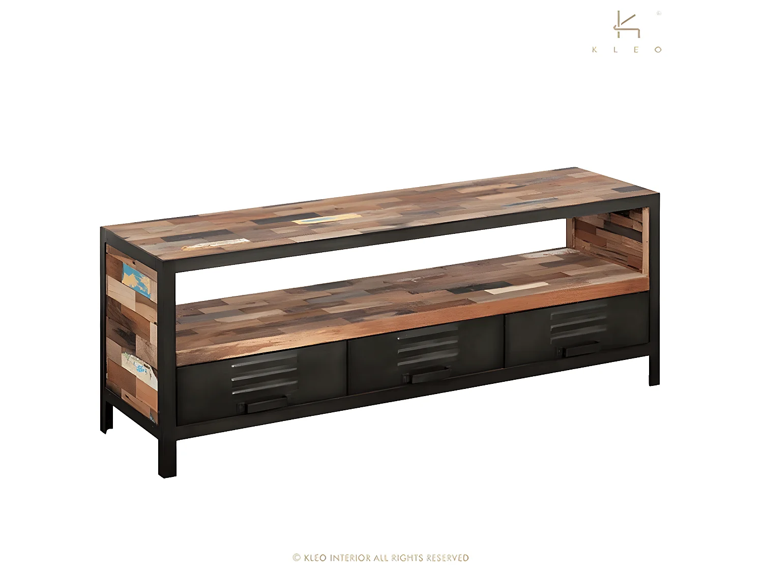 Factory meuble TV en bois de bateau recyclé - 1 Niche de rangement - 3 Tiroirs - Portes en métal noir - Style Industriel - L160
