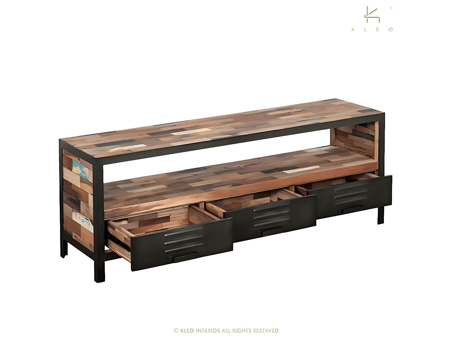 Factory meuble TV en bois de bateau recyclé - 1 Niche de rangement - 3 Tiroirs - Portes en métal noir - Style Industriel - L160