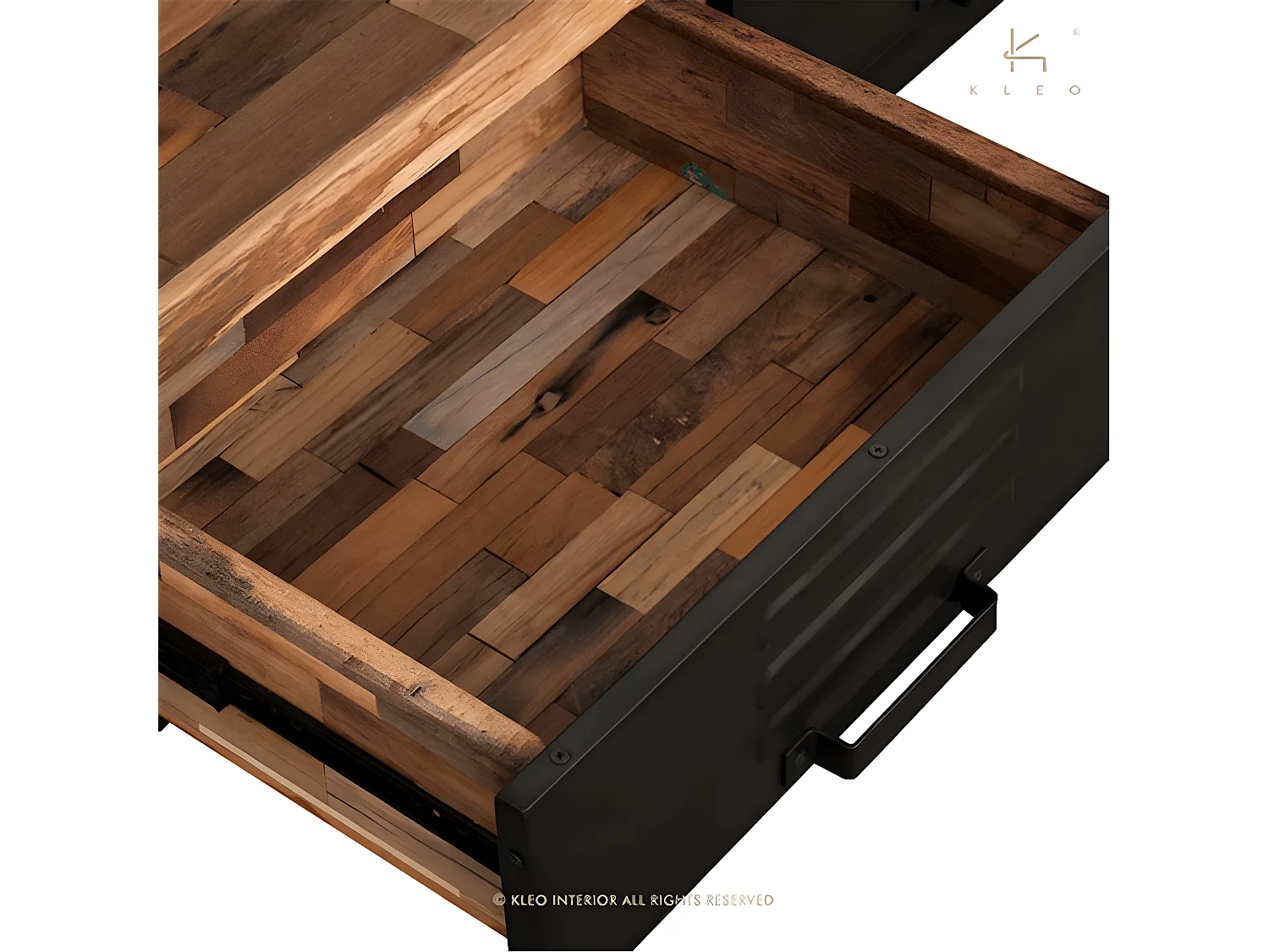 Factory meuble TV en bois de bateau recyclé - 1 Niche de rangement - 3 Tiroirs - Portes en métal noir - Style Industriel - L160