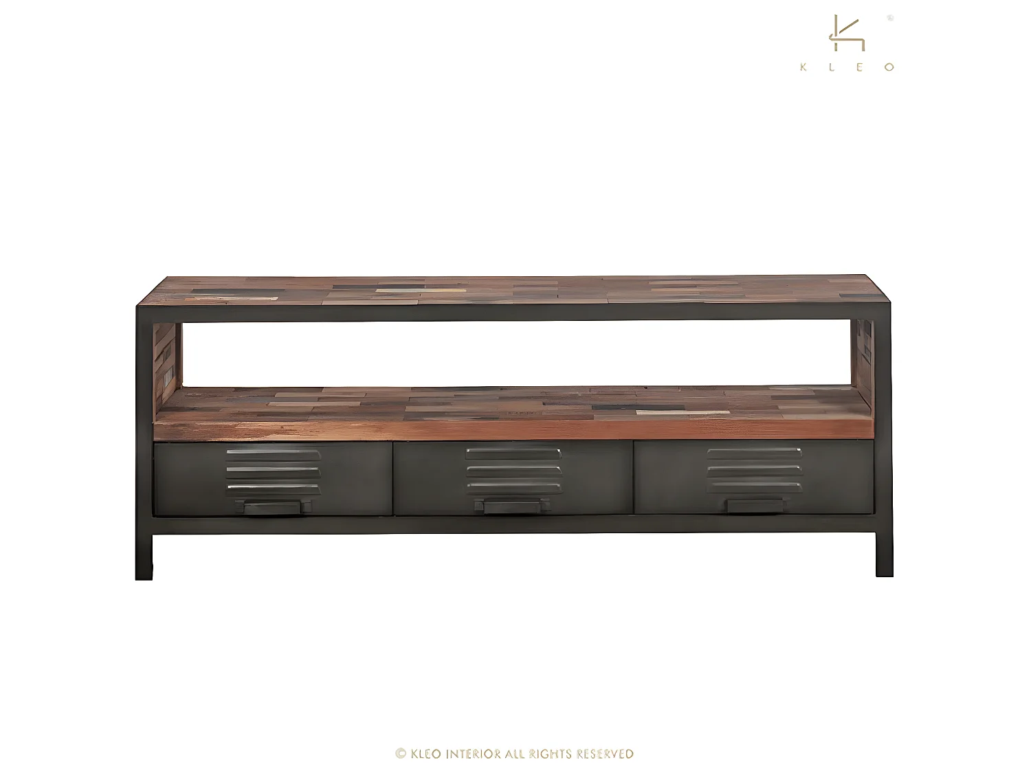 Factory meuble TV en bois de bateau recyclé - 1 Niche de rangement - 3 Tiroirs - Portes en métal noir - Style Industriel - L160