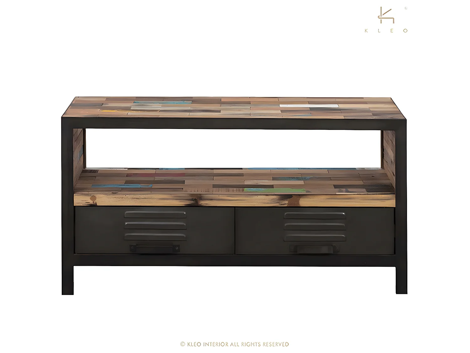 Factory meuble TV en bois de bateaux recyclé - 1 Niche de rangement - 2 Tiroirs - Portes en métal noir - Style Industriel - L112