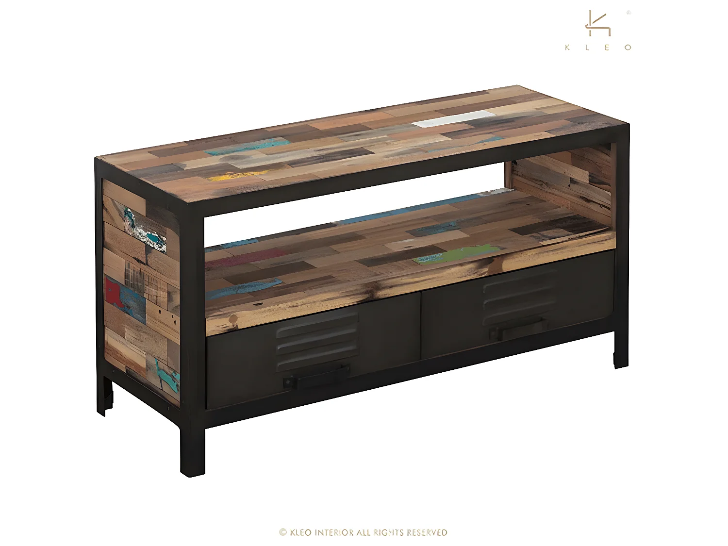 Factory meuble TV en bois de bateaux recyclé - 1 Niche de rangement - 2 Tiroirs - Portes en métal noir - Style Industriel - L112