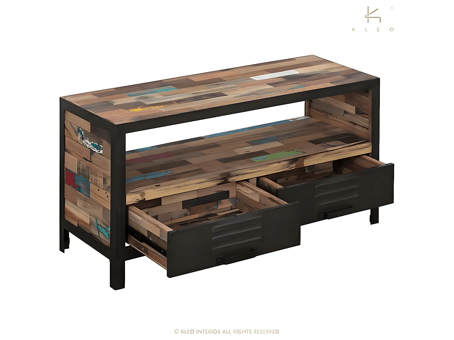 Factory meuble TV en bois de bateaux recyclé - 1 Niche de rangement - 2 Tiroirs - Portes en métal noir - Style Industriel - L112