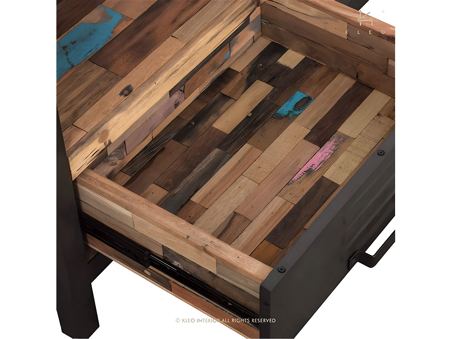 Factory meuble TV en bois de bateaux recyclé - 1 Niche de rangement - 2 Tiroirs - Portes en métal noir - Style Industriel - L112