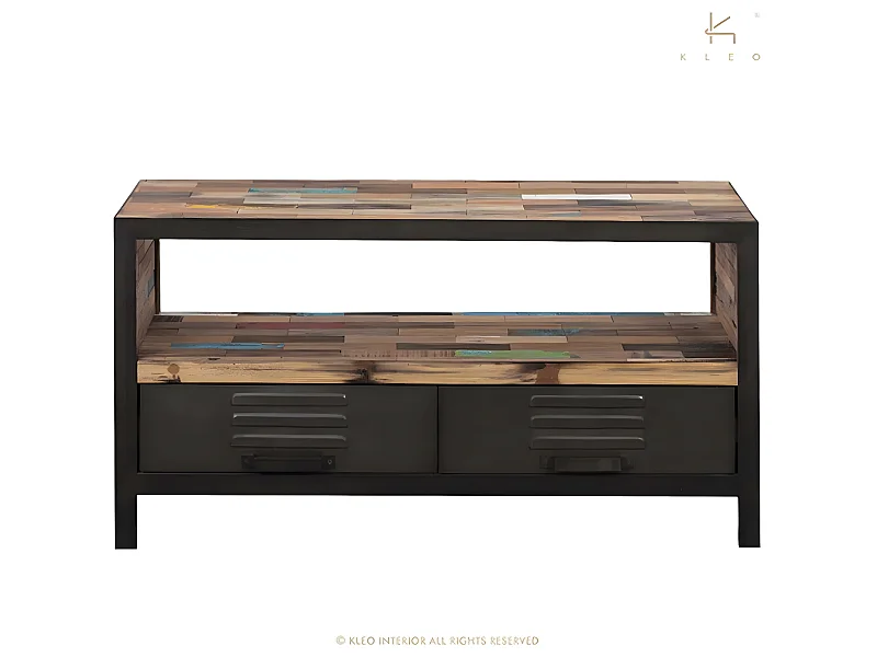 Factory meuble TV en bois de bateaux recyclé - 1 Niche de rangement - 2 Tiroirs - Portes en métal noir - Style Industriel - L112