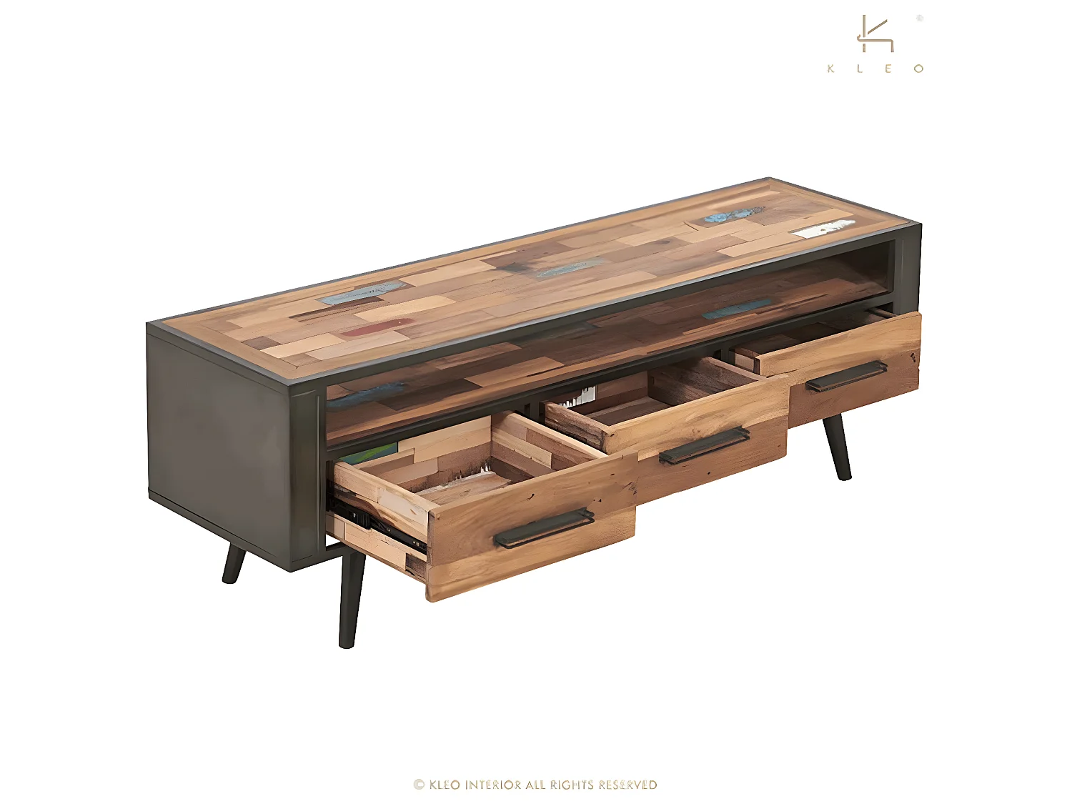 Soho meuble TV en bois de bateau recyclé - 1 Niche de rangement - 3 Tiroirs - Style Industriel - L160