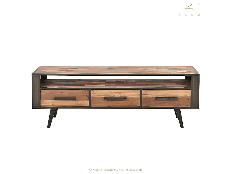 Soho meuble TV en bois de bateau recyclé - 1 Niche de rangement - 3 Tiroirs - Style Industriel - L160