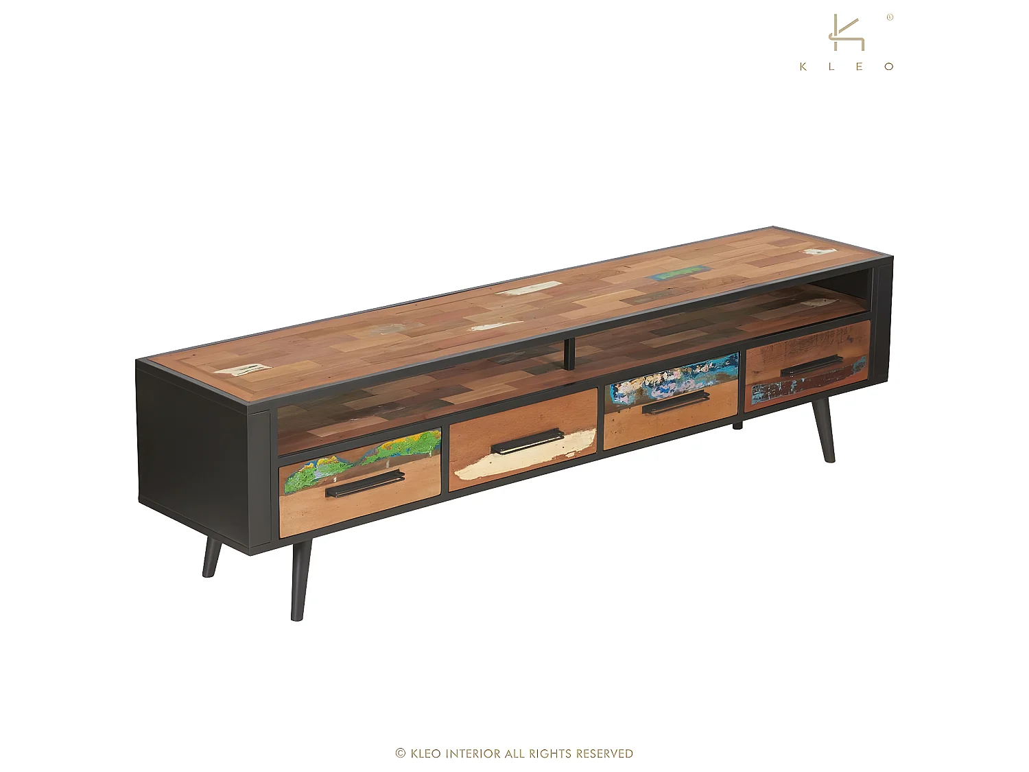 Soho meuble TV en bois de bateau recyclé et métal noir - 1 niche - 4 tiroirs - Style Industriel - L208