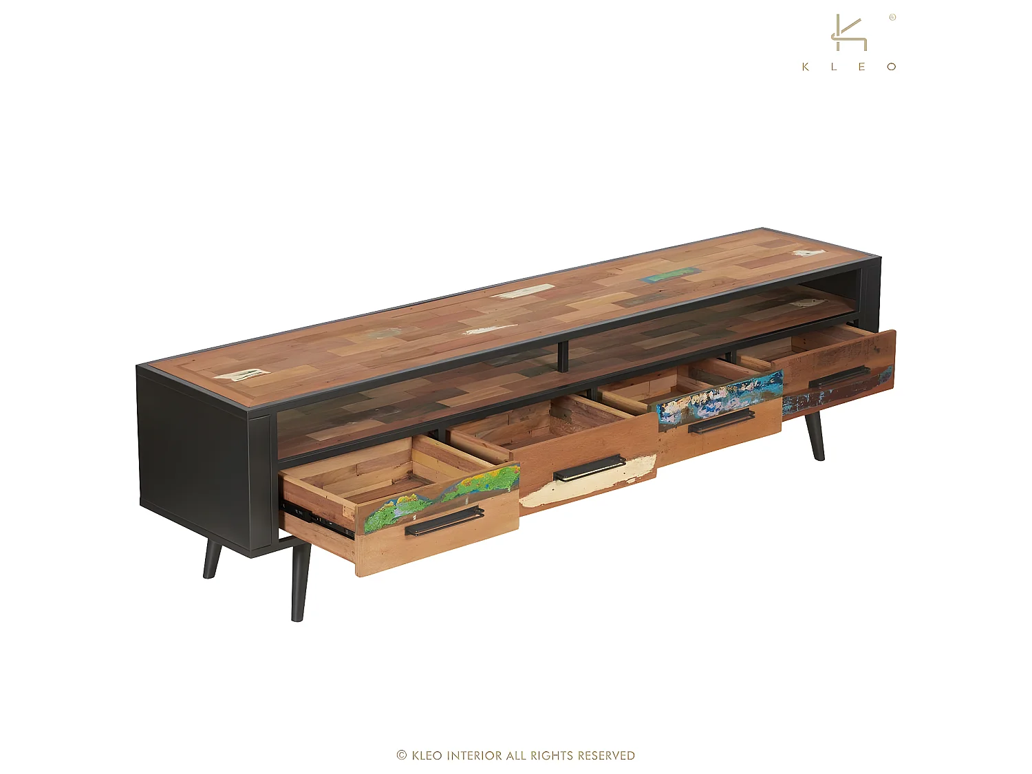 Soho meuble TV en bois de bateau recyclé et métal noir - 1 niche - 4 tiroirs - Style Industriel - L208