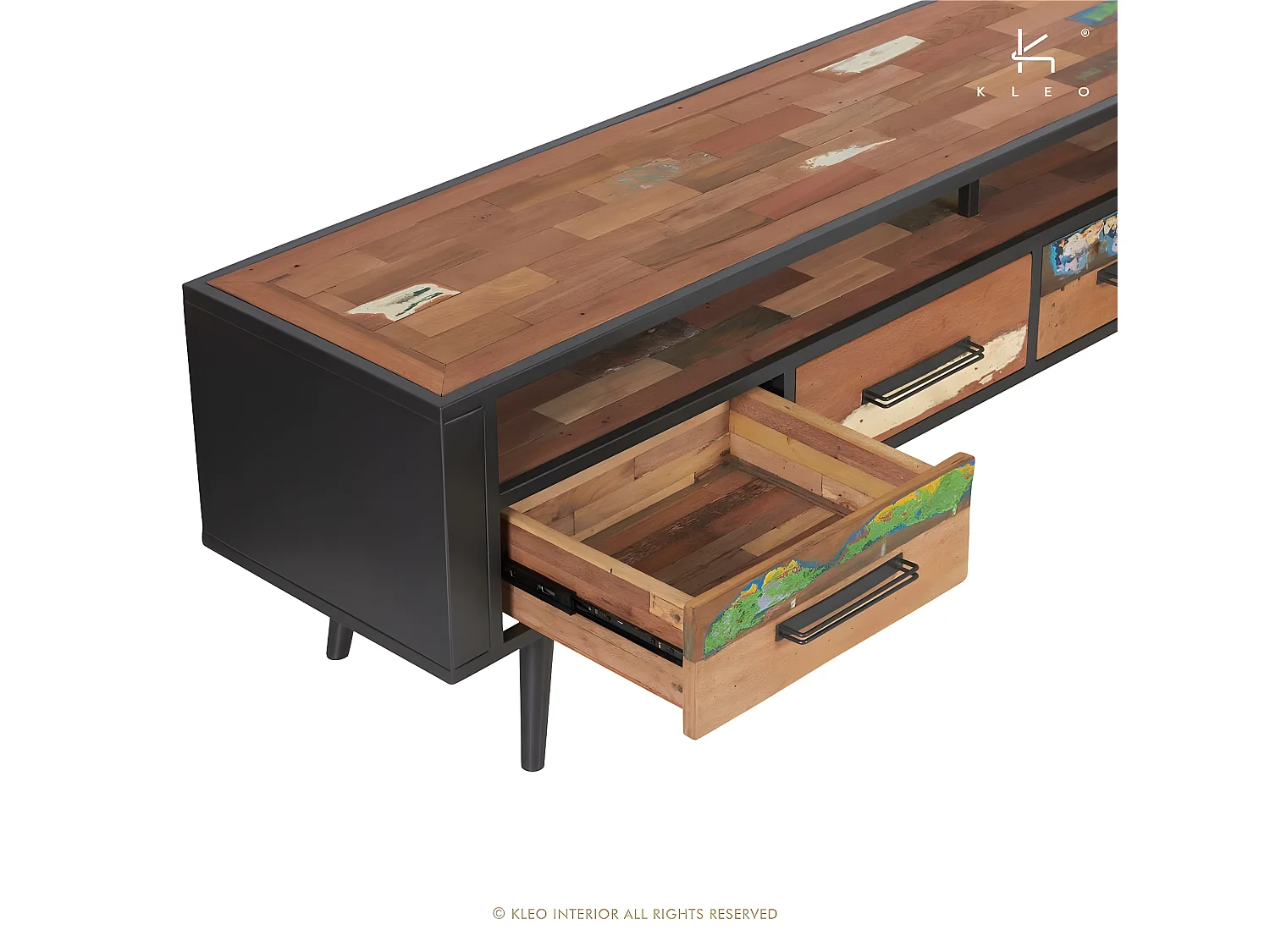 Soho meuble TV en bois de bateau recyclé et métal noir - 1 niche - 4 tiroirs - Style Industriel - L208