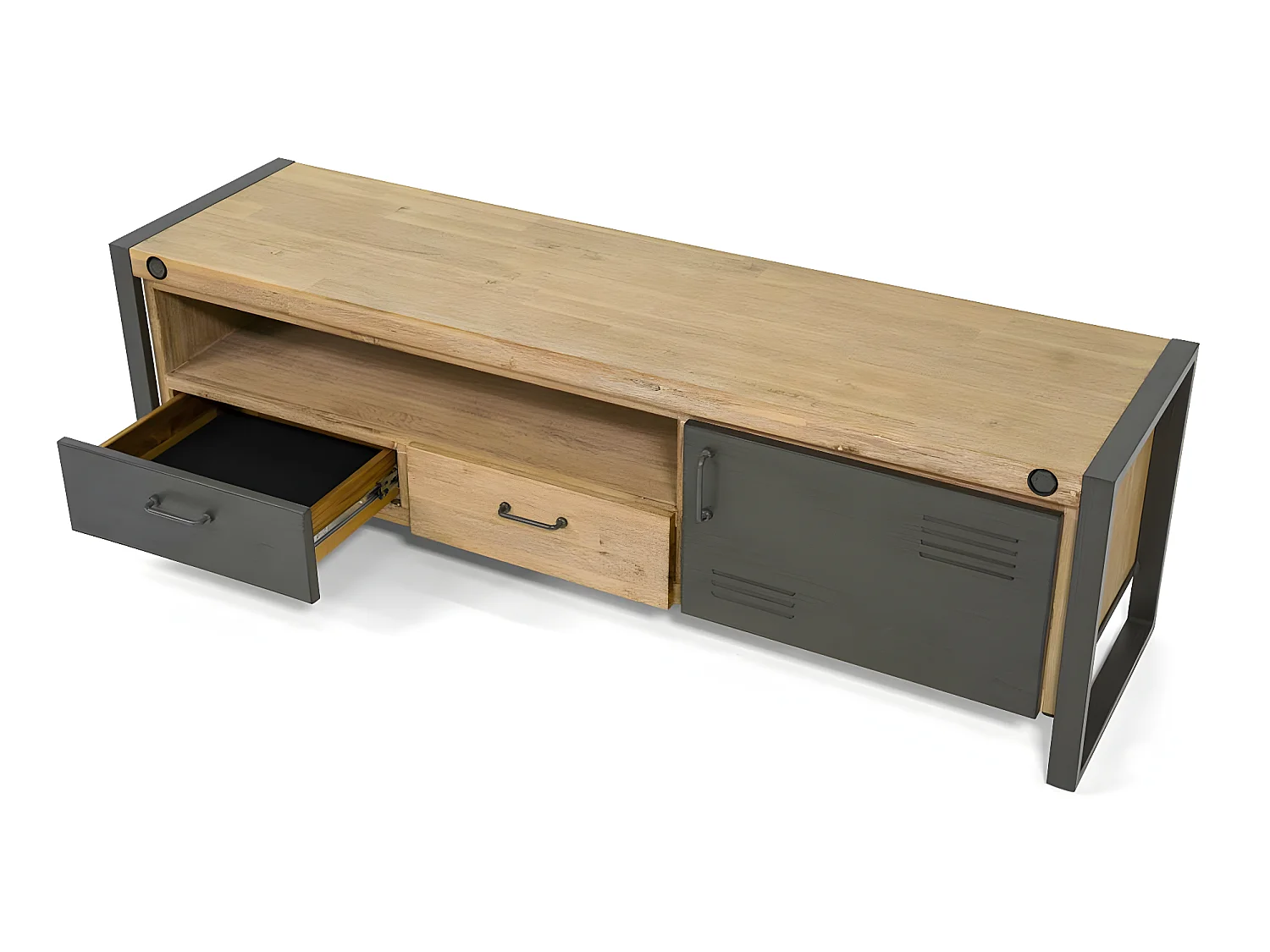 Kiko meuble TV en bois d'Acacia - 2 Tiroirs - 1 Porte - Portes en métal noir - Style Industriel - L165