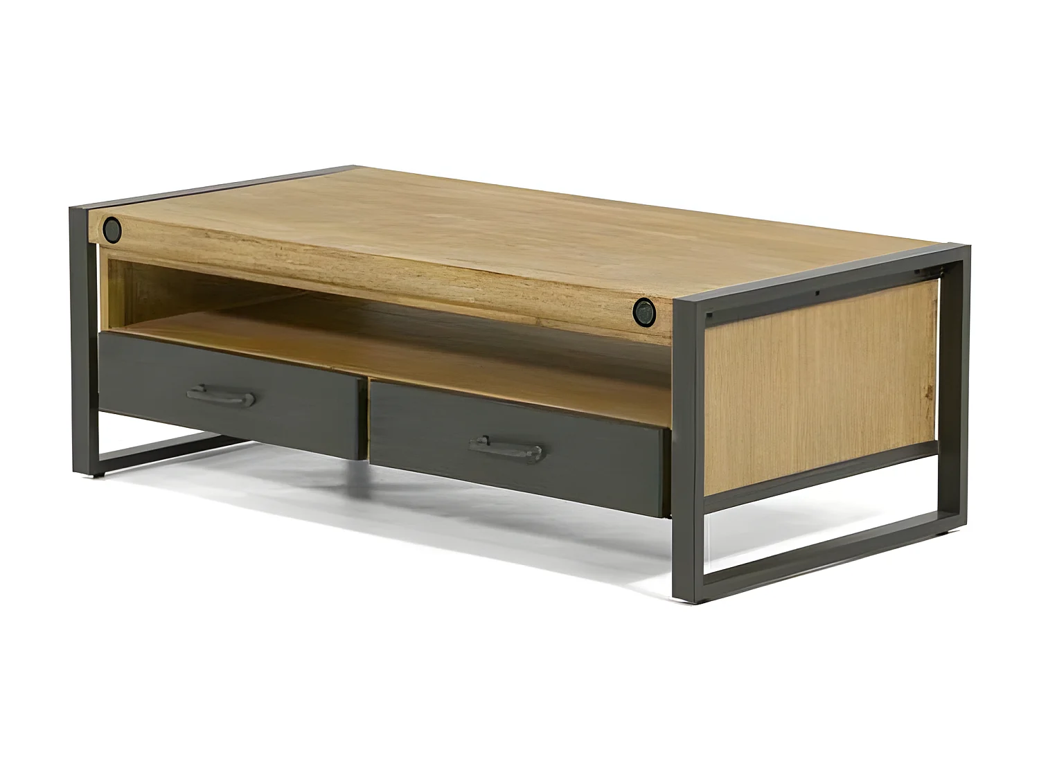 Kiko table basse en bois d'Acacia - 2 Tiroirs - 1 Niche de rangement - Portes en métal noir - Style Industriel - L120