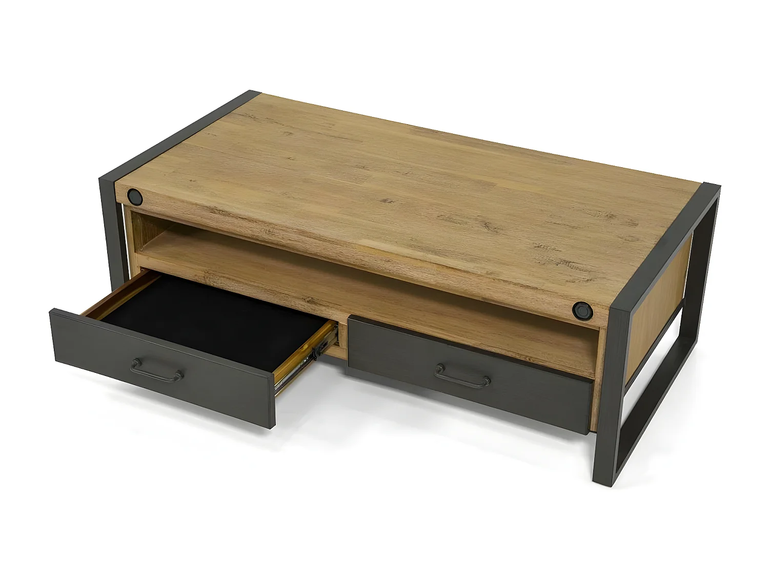 Kiko table basse en bois d'Acacia - 2 Tiroirs - 1 Niche de rangement - Portes en métal noir - Style Industriel - L120