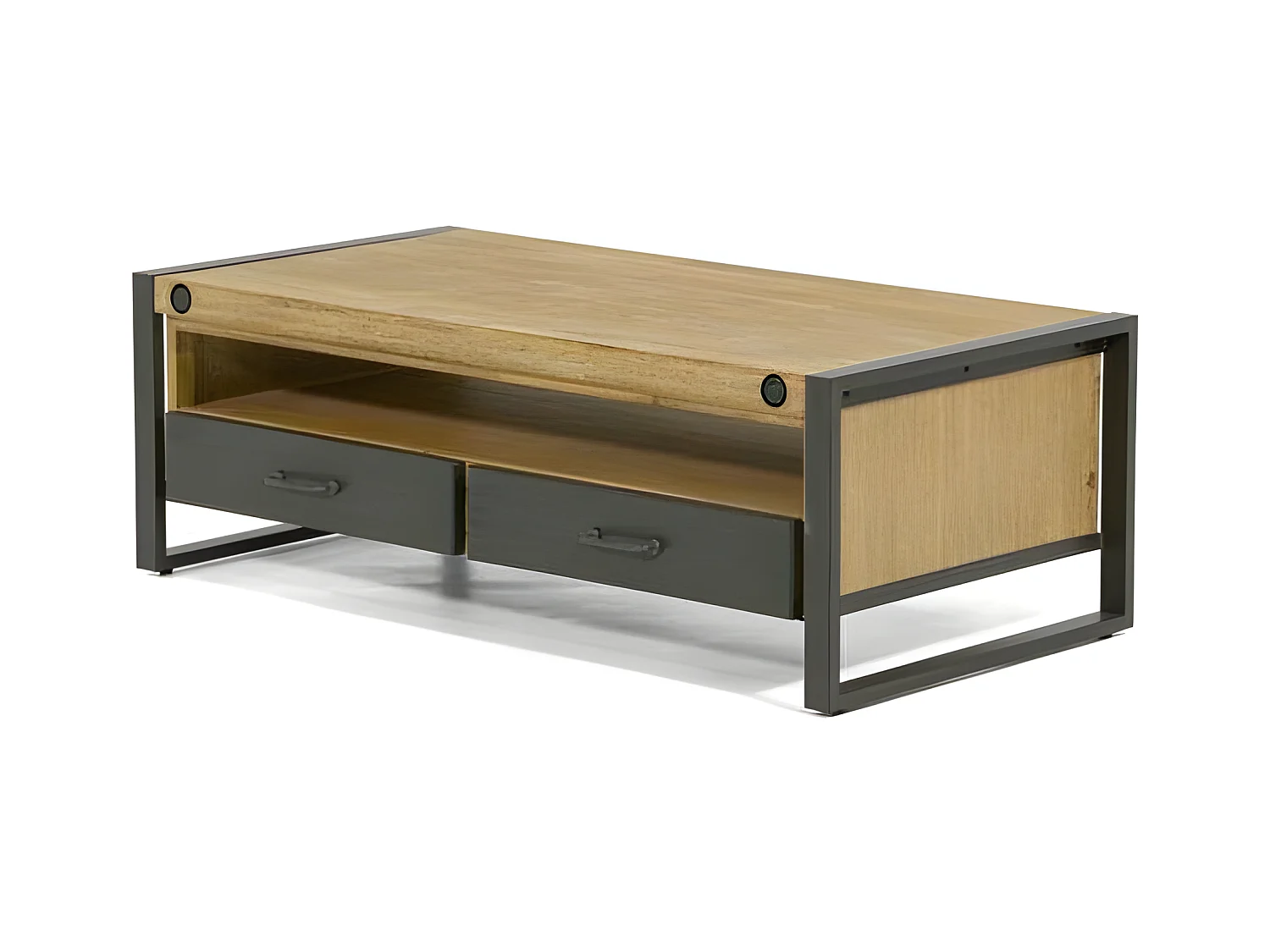 Kiko table basse en bois d'Acacia - 2 Tiroirs - 1 Niche de rangement - Portes en métal noir - Style Industriel - L120