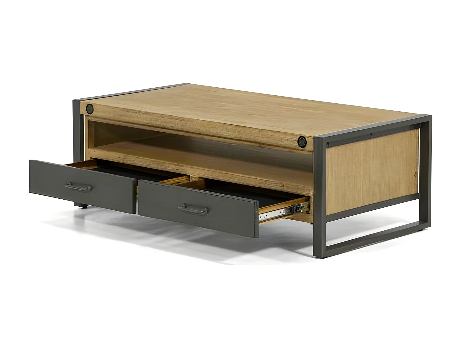 Kiko table basse en bois d'Acacia - 2 Tiroirs - 1 Niche de rangement - Portes en métal noir - Style Industriel - L120