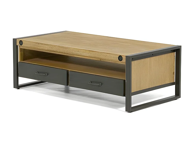 Kiko table basse en bois d'Acacia - 2 Tiroirs - 1 Niche de rangement - Portes en métal noir - Style Industriel - L120