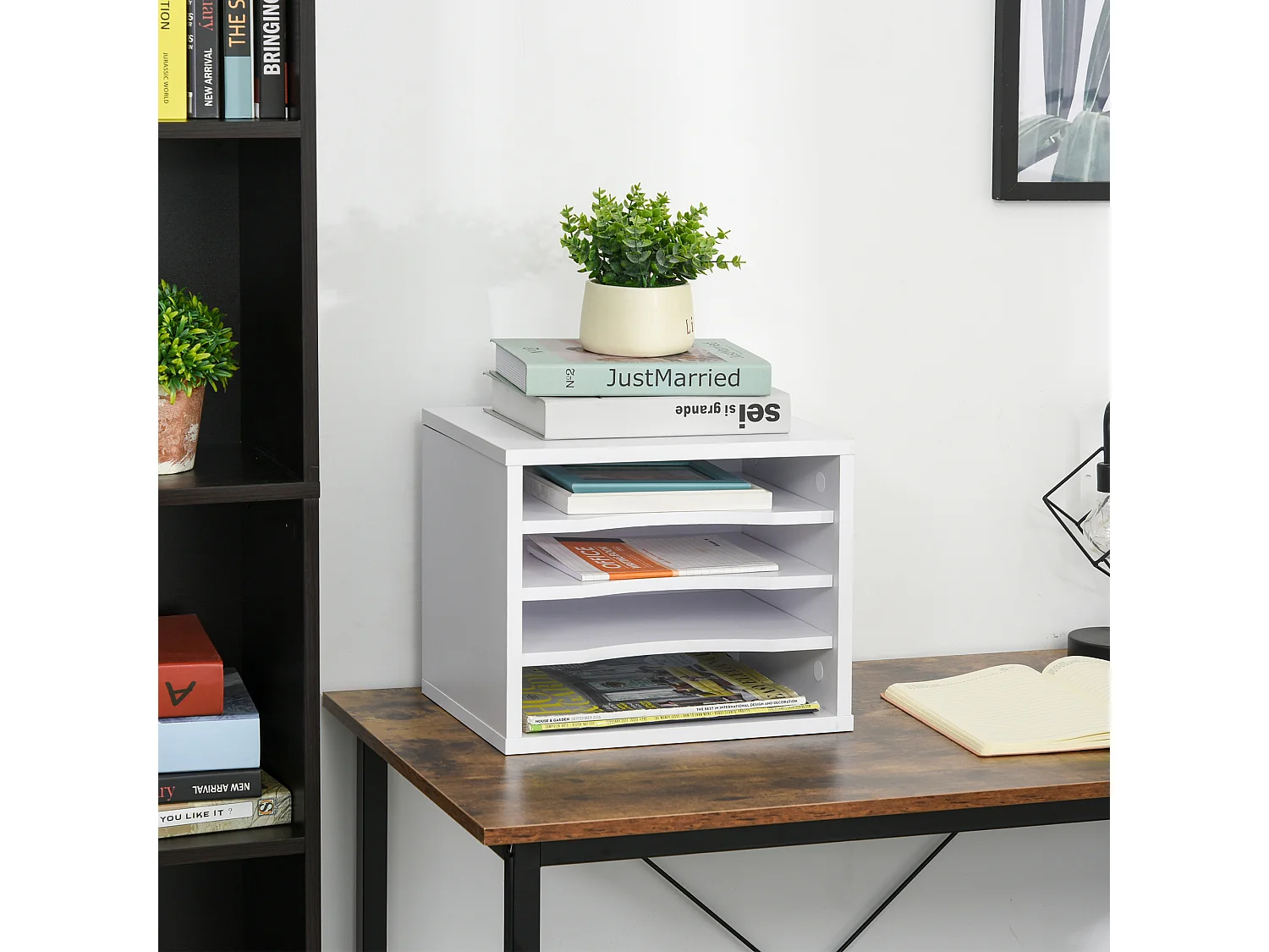 Lot de 2 organiseurs bureau bois blanc avec 4 couches fournitures support d'imprimante dim. 35,5L x 25l x 28,6H cm