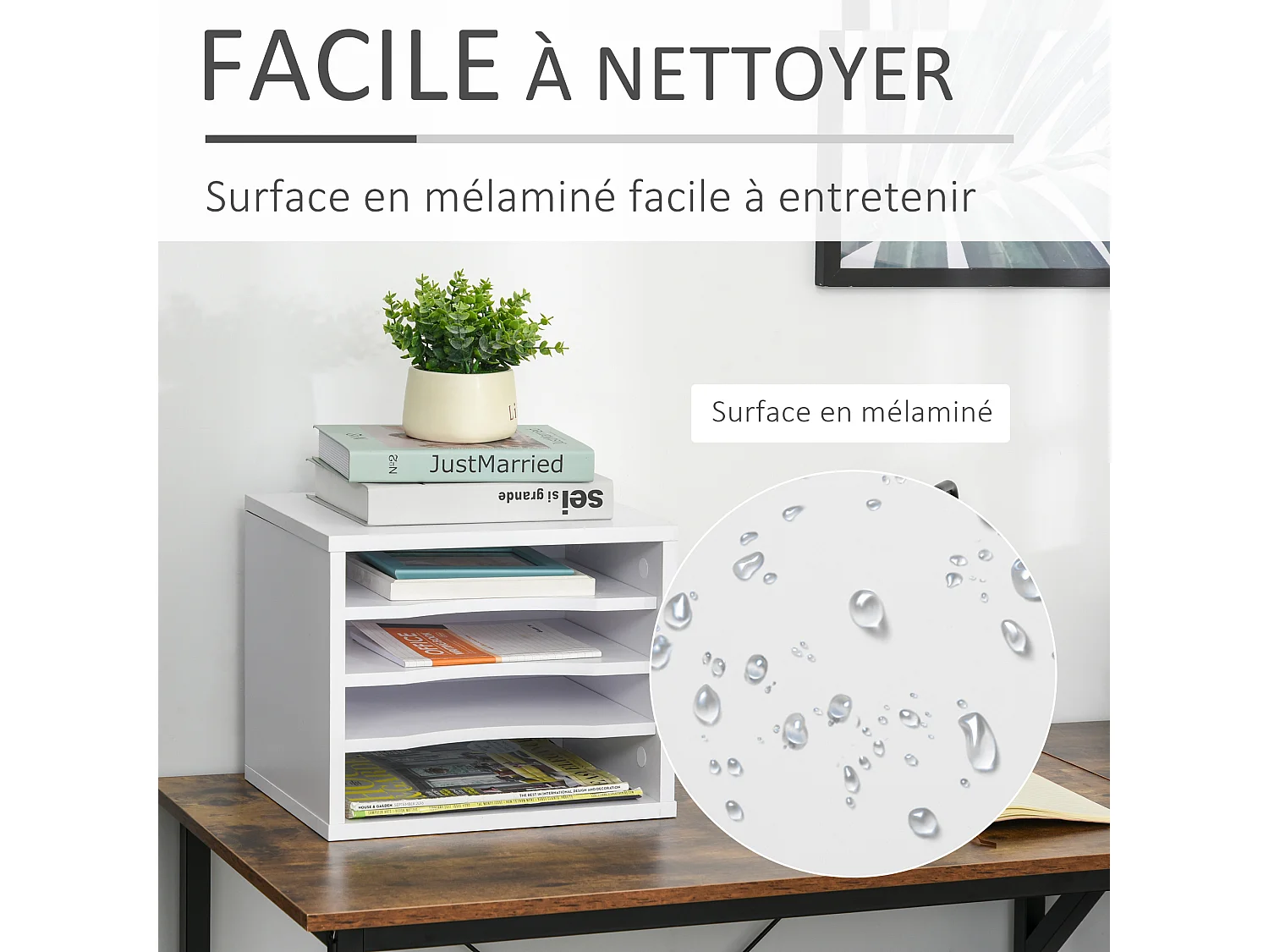 Lot de 2 organiseurs bureau bois blanc avec 4 couches fournitures support d'imprimante dim. 35,5L x 25l x 28,6H cm