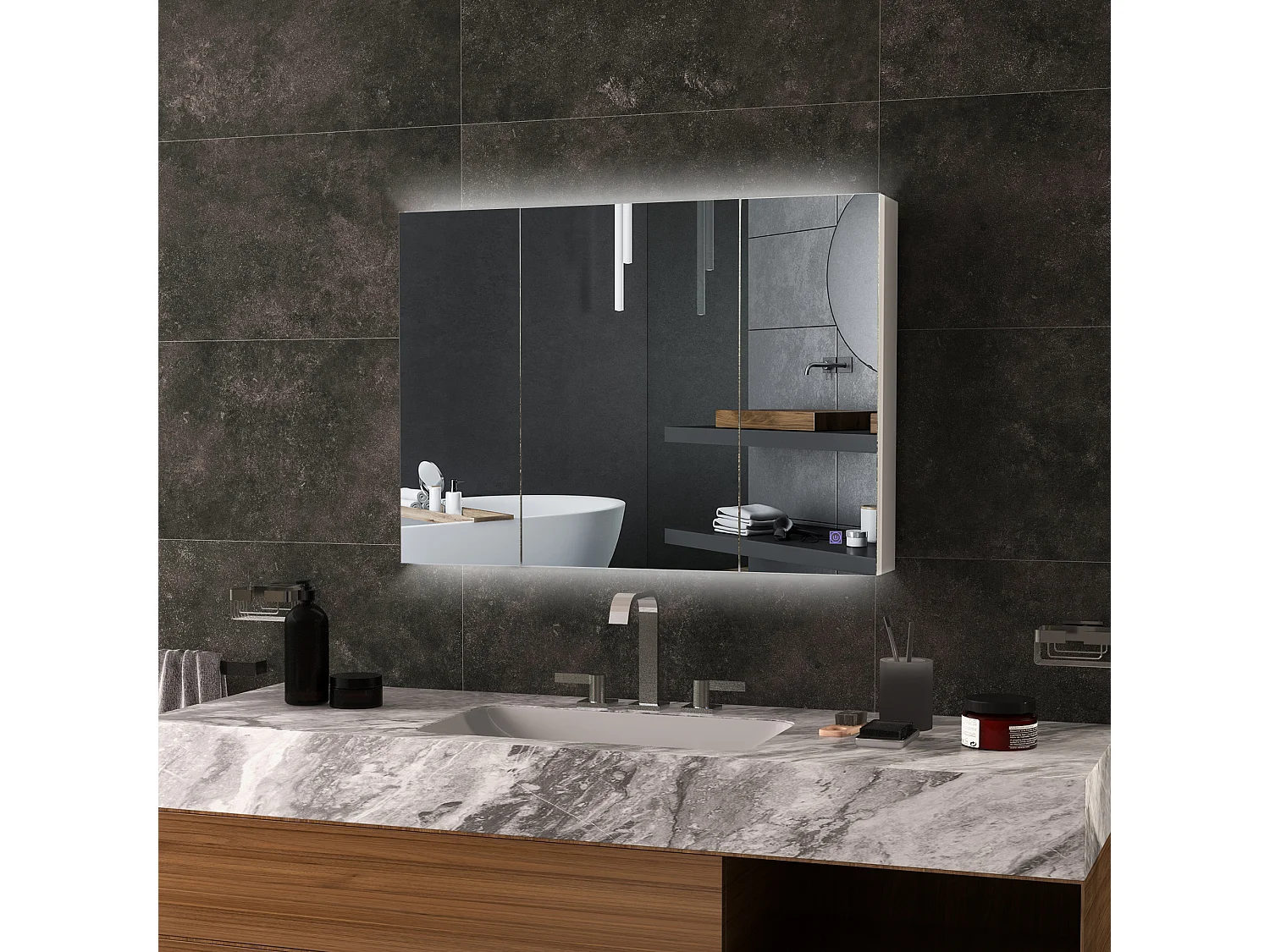 Armoire miroir LED de salle de bain - 3 portes, 3 étagères - tactile, lumière réglable - MDF blanc laqué verre