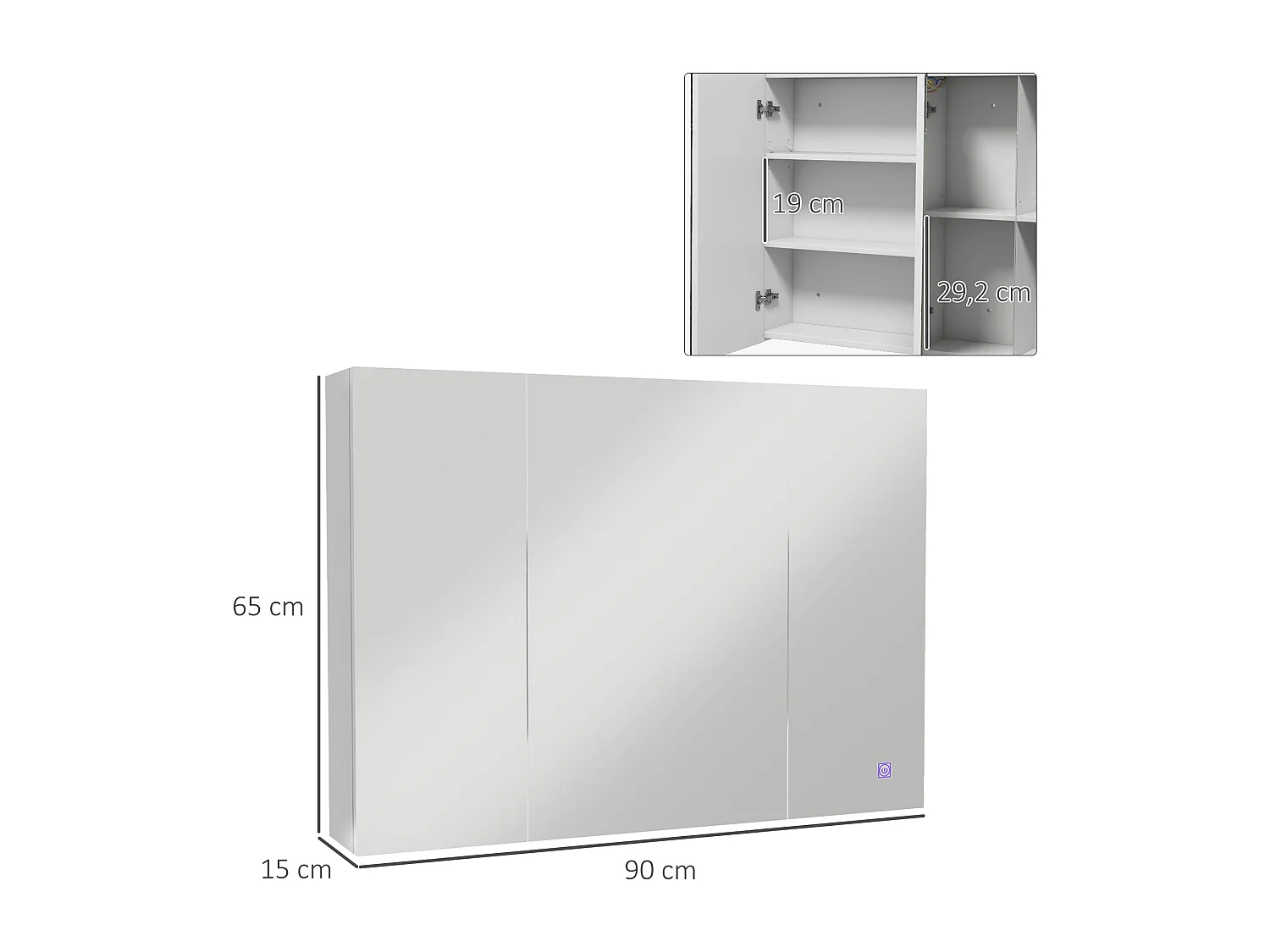 Armoire miroir LED de salle de bain - 3 portes, 3 étagères - tactile, lumière réglable - MDF blanc laqué verre