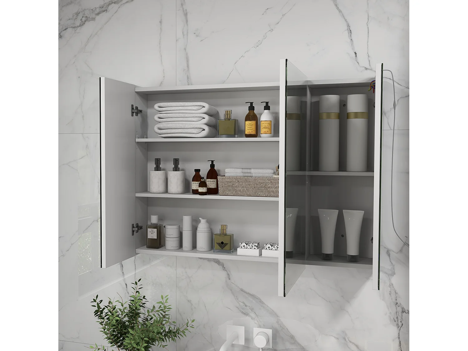 Armoire miroir LED de salle de bain - 3 portes, 3 étagères - tactile, lumière réglable - MDF blanc laqué verre