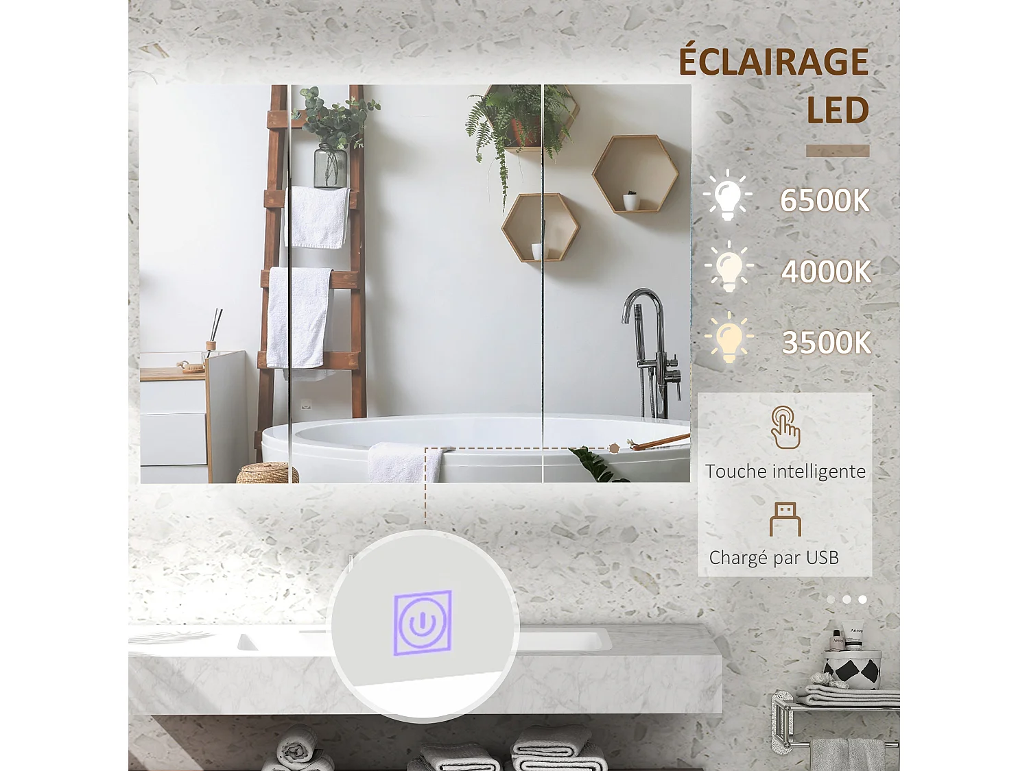 Armoire miroir LED de salle de bain - 3 portes, 3 étagères - tactile, lumière réglable - MDF blanc laqué verre