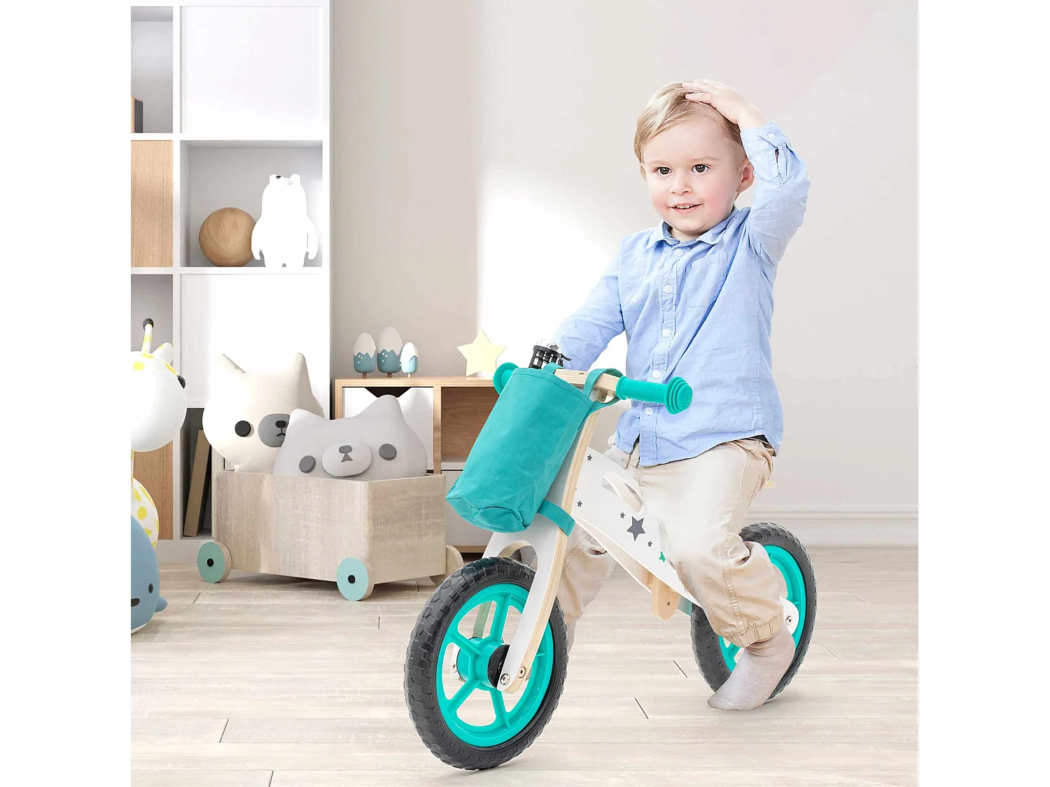 Vélo Sans Pédales Montessori Robincool Street Circuit 83x36x53 cm Draisienne en Bois Vert, Sonnette et Panier en Tissu