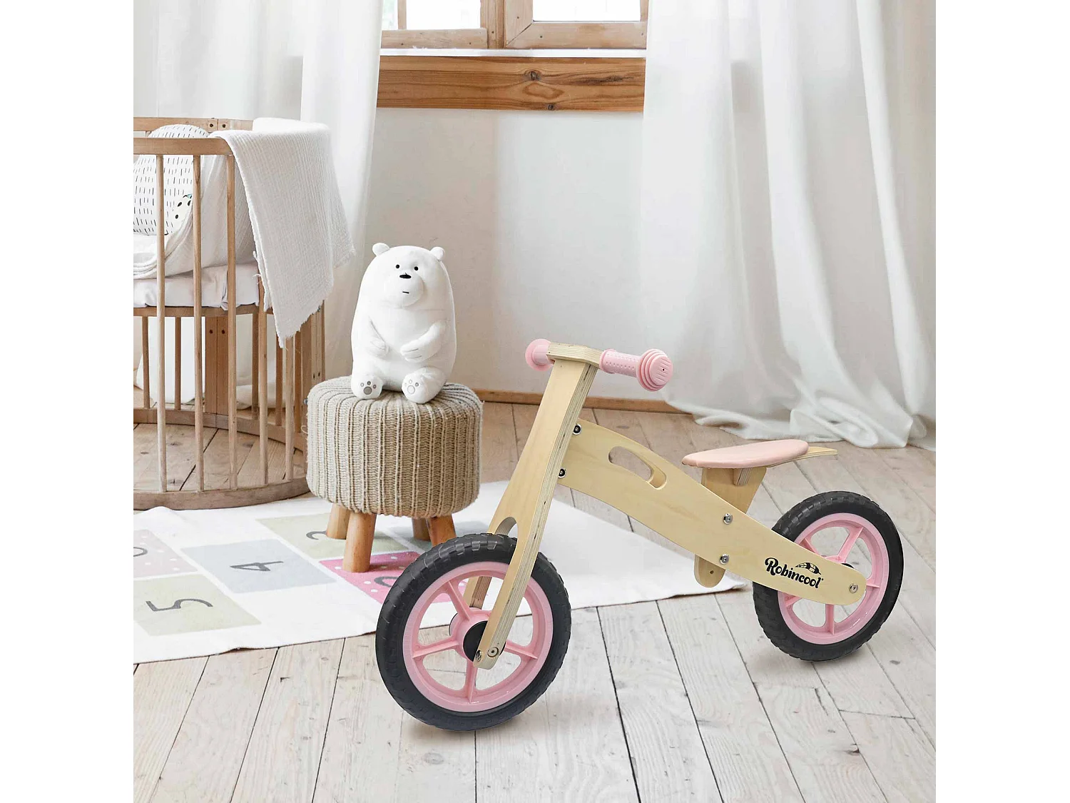 Bicicleta Sin Pedales Montessori Robincool Little Pilot 85x37x52 cm Correpassillos de Madera Eco Ajustable 3 Alturas Color Rosa