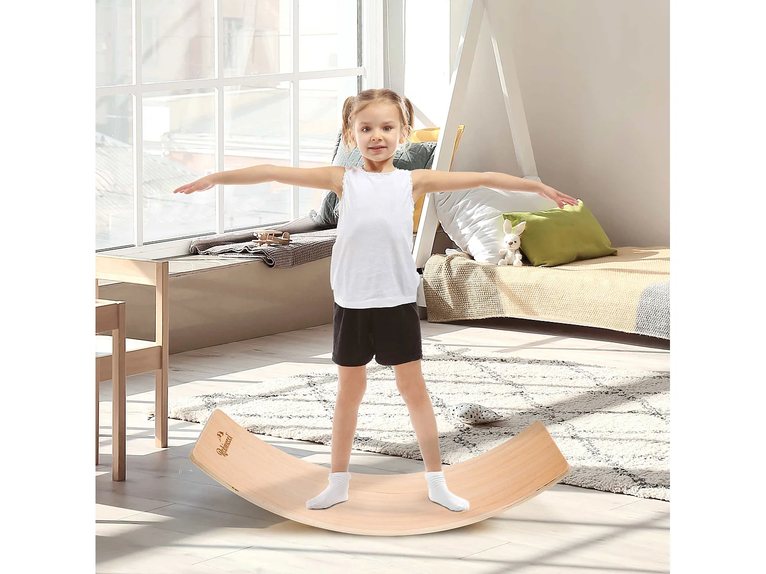 Tabla de Equilibrio Montessori Robincool Curvy 82x30x19 cm Madera Ecológica | Certificado CE | Peso Máximo 60 Kg | Tabla Curva Wobbel | Balance Board