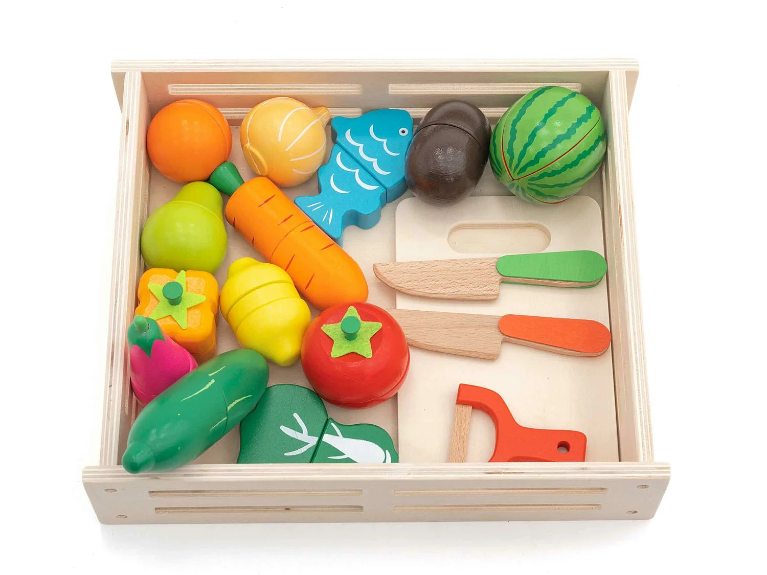 Cassetta di Cibo Giocattolo Montessori Robincool Eco Fruit Fabbricato in Legno Ecologico 17 accessori inclusi
