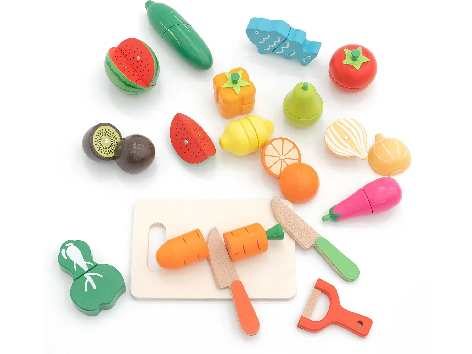 Dinette Plateau d'Aliments pour Enfants Montessori Robincool Eco Fruit en Bois Écologique 17 accessoires magnétisés