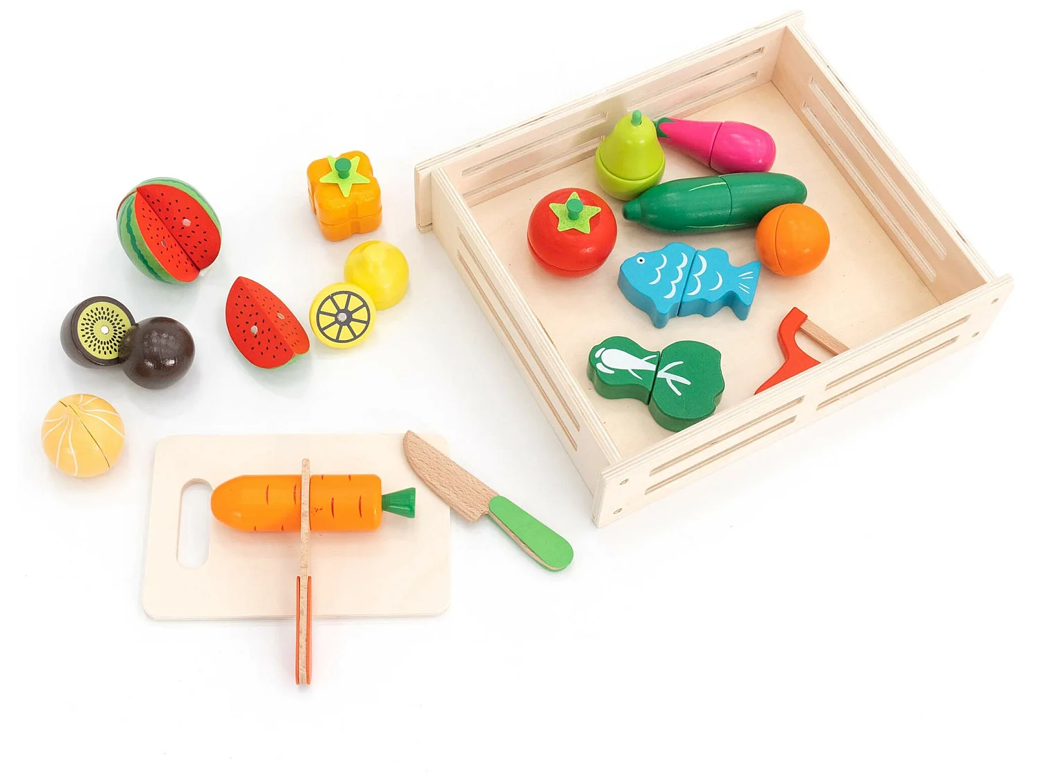 Dinette Plateau d'Aliments pour Enfants Montessori Robincool Eco Fruit en Bois Écologique 17 accessoires magnétisés