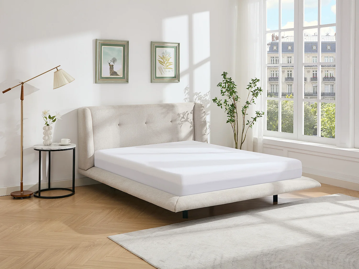 Bed 160 x 200 cm met hoofdbord met capitons - Stof - Beige - PENAVI