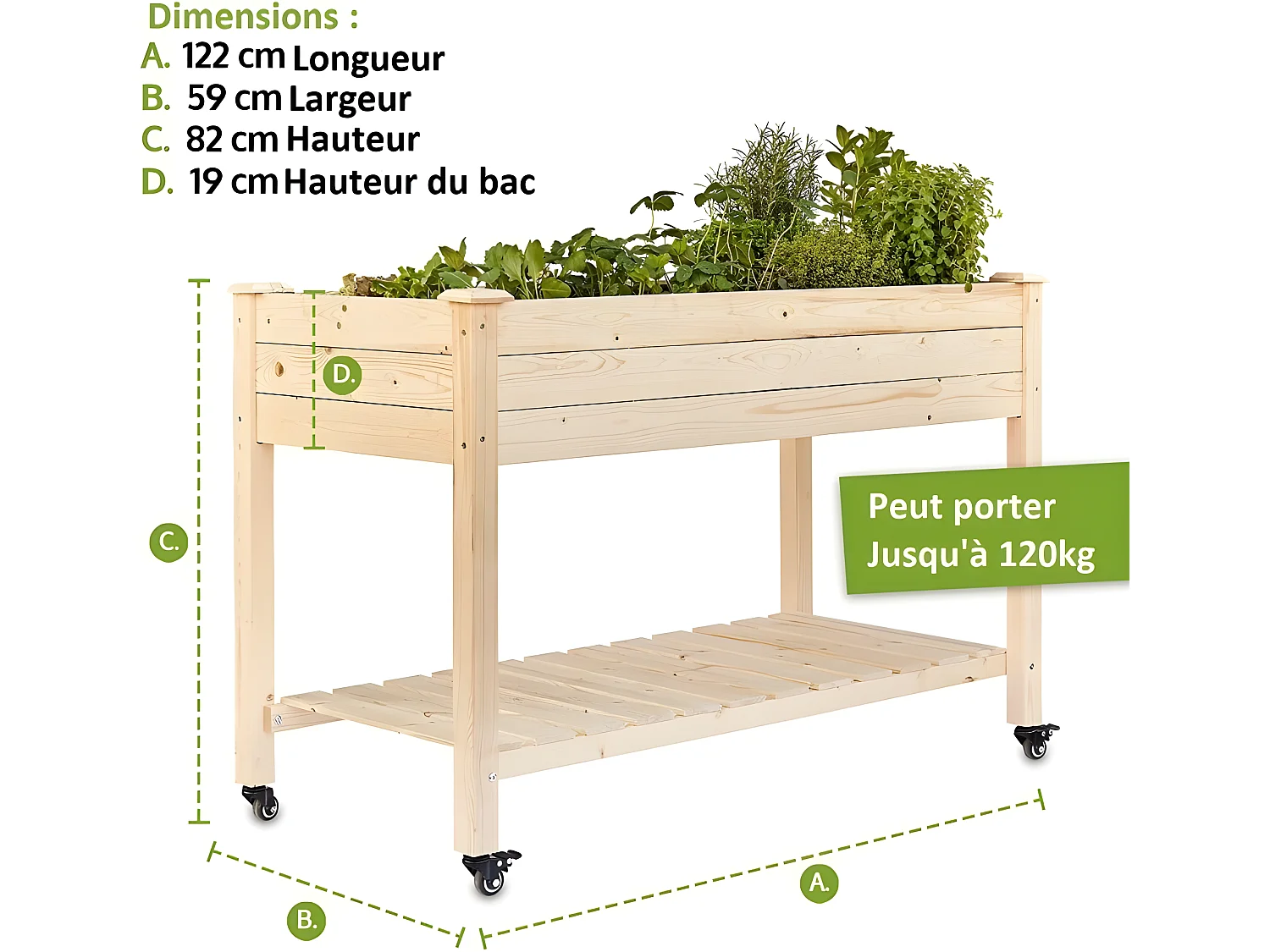 Carré potager sur pied en bois de pin avec roulettes de haute qualité modèle "510"