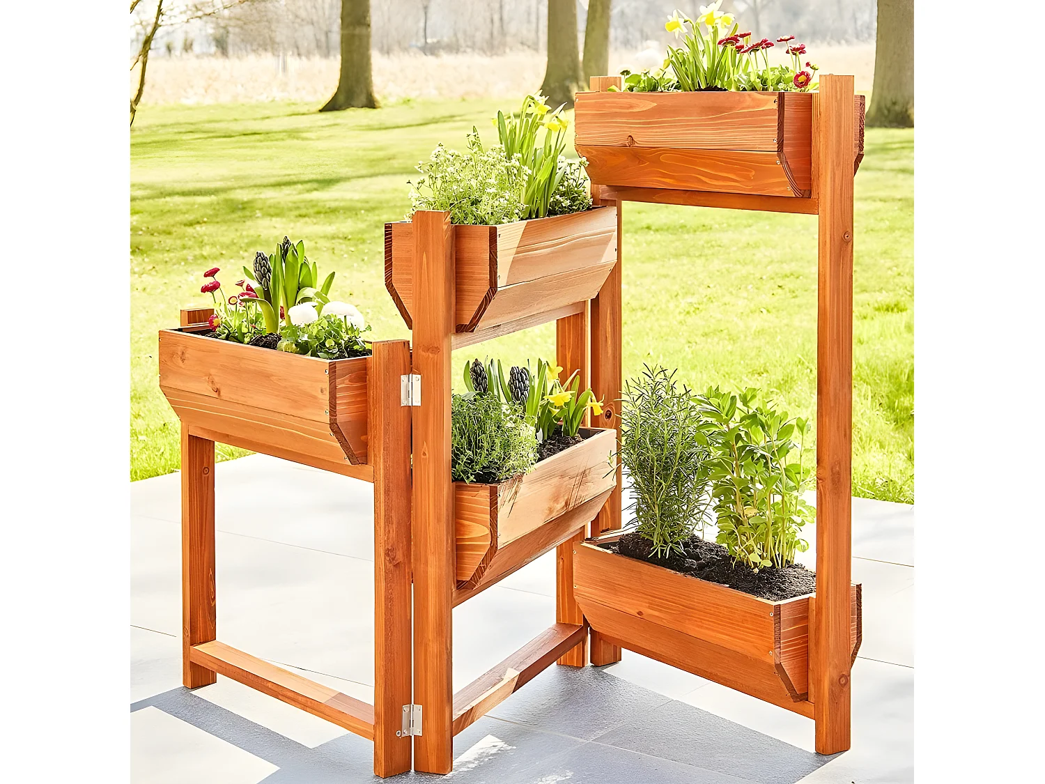 Carré potager sur pied en bois de pin massif avec 5 bacs stable modulable et toison intérieure modèle "514 vernis"