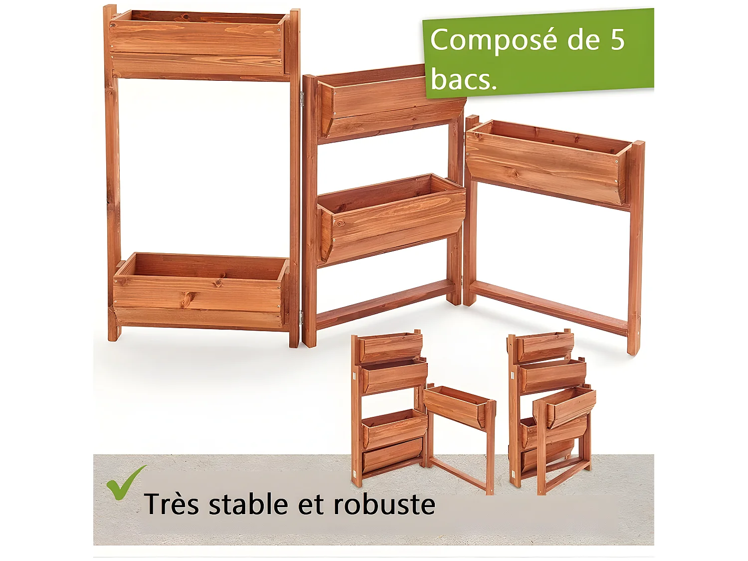 Carré potager sur pied en bois de pin massif avec 5 bacs stable modulable et toison intérieure modèle "514 vernis"