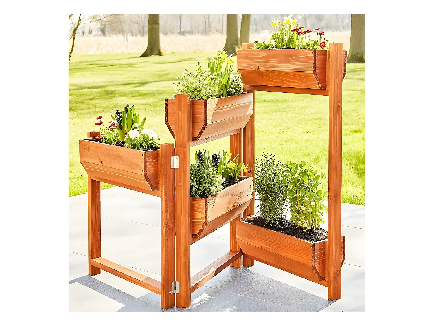 Carré potager sur pied en bois de pin massif avec 5 bacs stable modulable et toison intérieure modèle "514 vernis"
